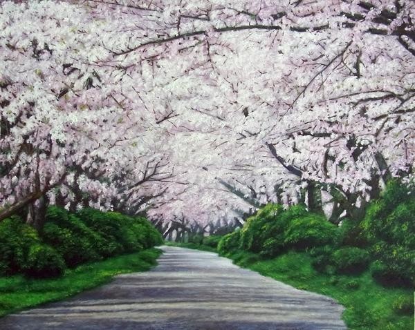 油絵 北上の桜のトンネル MA2834, 絵画, 油彩, 自然, 風景画