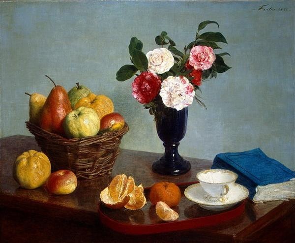 油絵 Henri Fantin-Latour_卓上の果物と花 MA1541, 絵画, 油彩, 自然, 風景画