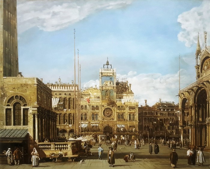 油絵 カナレット_サンマルコ広場の時計台 MA2929, 絵画, 油彩, 人物画
