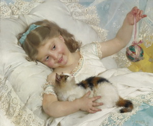 Art hand Auction Ölgemälde Emile Muniers Meisterwerk_Mädchen und Katze MA3199, Malerei, Ölgemälde, Porträt