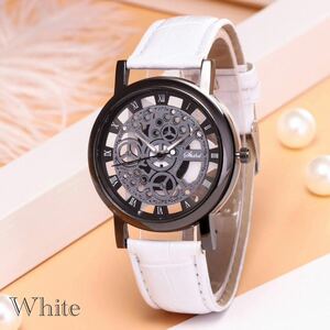 腕時計　ギリシャ文字 アナログ メンズ クォーツ 時計 高品質 レザー ブラックフレーム ファッション時計 オシャレ ウォッチ ホワイト 2