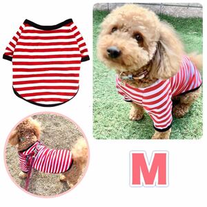 犬服 犬 服 かわいい ボーダー ストライプ Tシャツ 小型犬 赤 Mサイズ