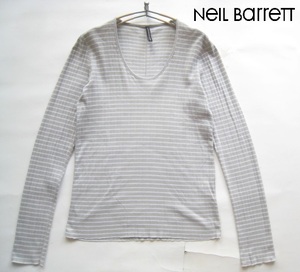 美品日本製!!ニールバレット Neil Barrett*Uネック リブ編みボーダー柄カットソー・長袖Tシャツ 2 実寸M グレー×白