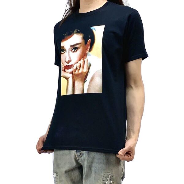 新品 オードリーヘプバーン ローマの休日 ティファニーで朝食を マイフェアレディ 映画 女優 頬杖 Tシャツ Sサイズ 小さい タイト スリム