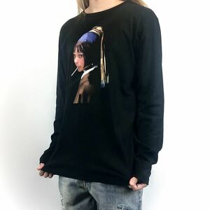 新品 レオン LEON ヒロイン少女マチルダ フェルメール 真珠の耳飾りの少女 青ターバン ロンT 長袖Tシャツ XS Sサイズ タイト スリム ビッグ