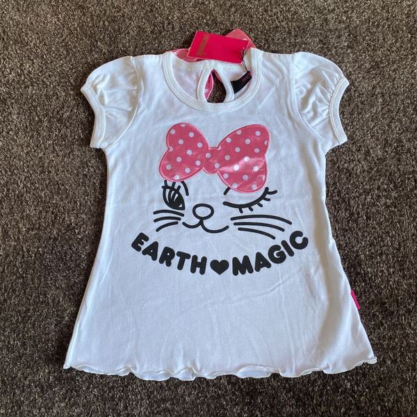 新品アースマジック ピンキーちゃんバックリボンAラインTシャツ110センチ 白5145円 EARTHMAGIC 半袖Tシャツ