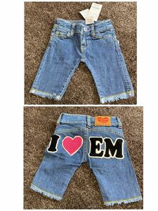 新品タグ付アースマジック　ダメージデニムパンツ　さがら刺繍ロゴ110 8295円　ケツロゴ　JENNI RONI Levi''s