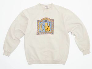 90s oneita 猫 プリント スウェット アメリカ製 ベージュ ヴィンテージ 80s USA製 hanes russell fruit of the loom オニータ