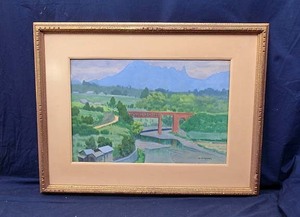 Art hand Auction 489615 水彩 板倉賛治 作 仮題｢橋のある風景｣日本水彩画会創立会員, 絵画, 油彩, 自然, 風景画