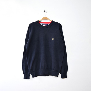 【送料無料】90S トミーヒルフィガー コットンニット クルーネック セーター メンズM ブラック系 TOMMY HILFIGER アメカジ 古着 CH0923