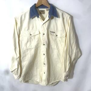 ■90s 90年代 ビンテージ GUESS JEANS ゲスジーンズ デニム地 切り替えし オープンカラー 両胸ポケット付き 長袖シャツ 古着 L■