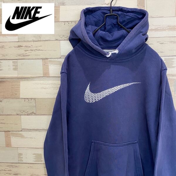 NIKE ナイキ スウェット パーカー 刺繍 スウッシュ ネイビー 古着 男女