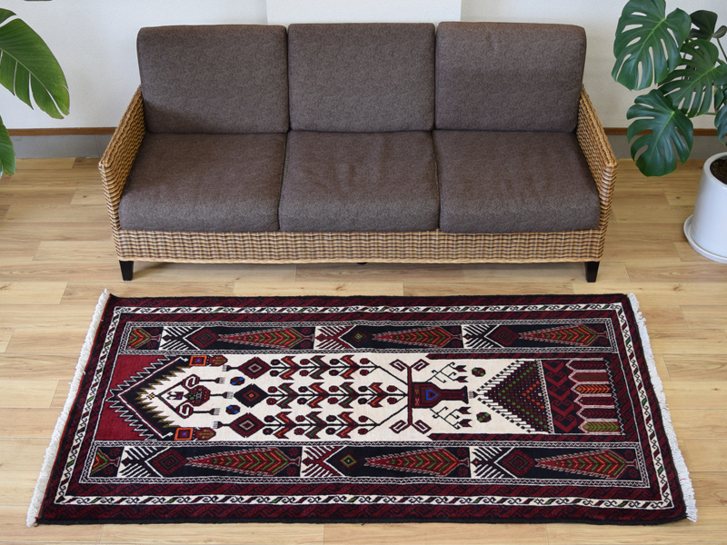 美品 ペルシャ 部族絨毯 バルーチ 縦2m 横1m 2m2 ~2畳程度 185 x 100 cm No.R225 ウール 手織り トライバルラグ カーペット 赤