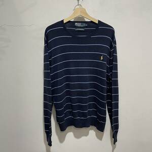 ☆送料無料☆RalphLauren☆ボーダーコットンニットセーター☆ネイビーブルー☆XL☆ワンポイント☆A9☆c