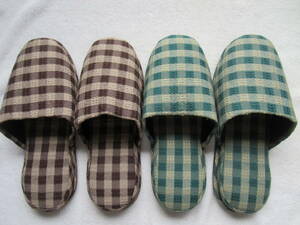  slippers L 2 pairs set tea * green silver chewing gum check 