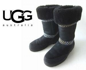 【送料無料】本物 NZ製 UGG アグ シープスキン ブーツ 黒 レディース23.5cm チロリアンテープ D132-32-0138XV