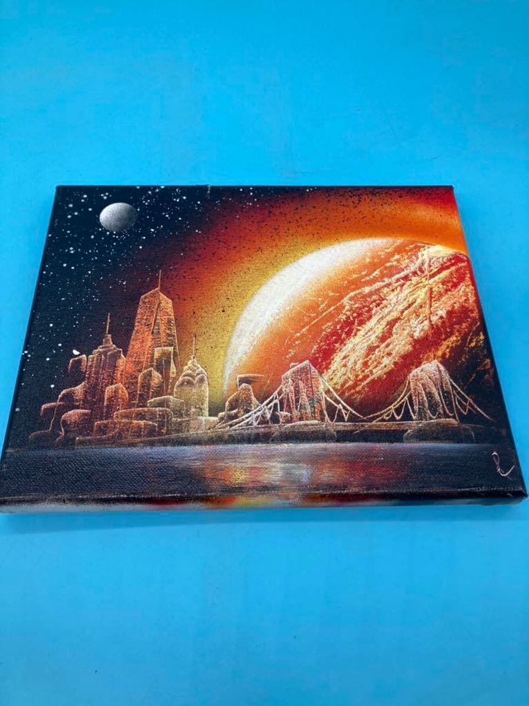 [A3104N029] Spray art ① 20cm x 25cm Space City Building Author unknown Interior Stylish Orange, Artwork, Painting, others