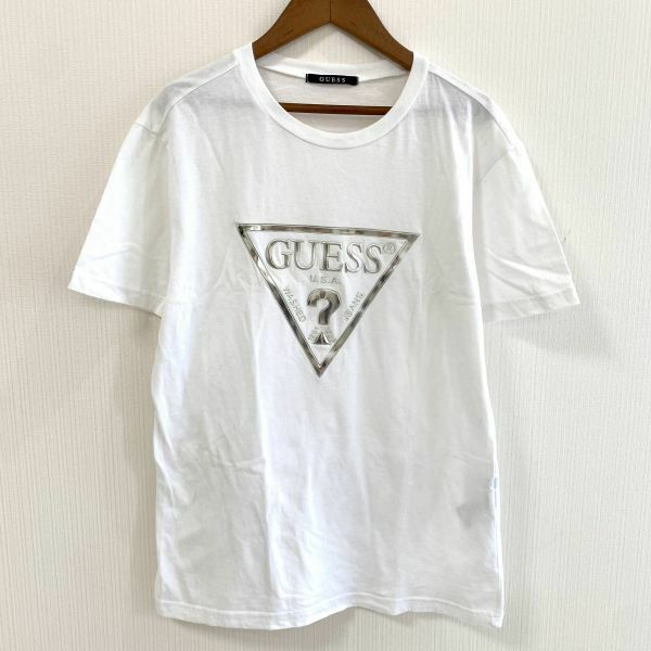 GUESS ゲス 半袖 Tシャツ ホワイト 白 Mサイズ レディース シルバー 古着 USA ビッグ ロゴ スポーツ カジュアル ストリート デカロゴ