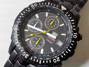 ELGIN Elgin beautiful goods * full black men's chronograph [FK-1178-F] Divers watch good-looking!