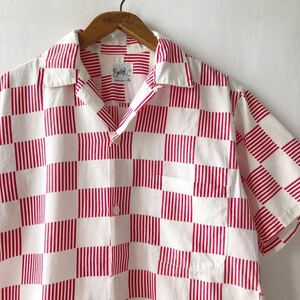 50s checker flag stripe cotton loop stop open color short sleeves shirt red Vintage 50 period check . collar Vintage 