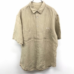 PAPAS パパス L メンズ シャツ 胸ポケットにロゴ 両胸ポケット レギュラーカラー 半袖 ショートスリーブ 日本製 麻 ダークベージュ カーキ