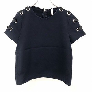 ZARA ザラ S レディース 女性 プルオーバー Tシャツ風トップス ジャケット 肩から袖がレースアップ風デザイン 半袖 綿×ポリウレタン 紺