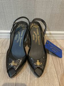 Новая неиспользованная прекрасная красота Vivian Westwood Sandal High High Logo логотип Black Black Lame