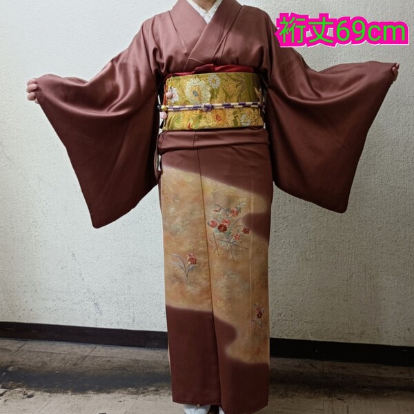 色留袖☆ 絹着物 袷 茶色グラデーション 一つ紋 裄丈69cm