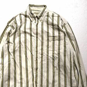 90's エディーバウアー ストライプ コットン ツイルシャツ 長袖 (L) クリーム系 ボタンダウン 90年代 旧タグ オールド 白タグ Eddie Bauer