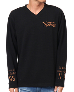 Nortonノートン 183N1111 刺繍 タイヤ柄 ブリスター ジャカード Vネック長袖Ｔシャツ ブラック M新品