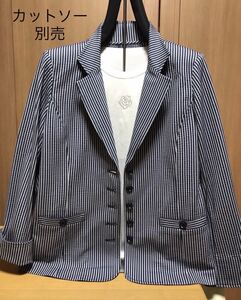 [新品] 激安・在庫処分　Mサイズ　レディーステーラードジャケット　ミセス綿混ジャケット　婦人デザインジャケット　紺ストライプ色