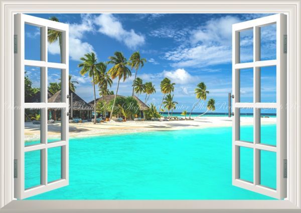 [Especificaciones de la ventana] Póster de papel tapiz estilo pintura del mar verde esmeralda de la costa tropical de Maldivas, versión A1 extra grande, 830 x 585 mm, adhesivo despegable 020MA1, impresos, póster, otros