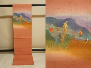 Art hand Auction Tierra de pongee de seda pura, color cebolla claro, bolso obi con ilustración de paisaje pintado a mano [O11223], banda, Fukuro obi, A medida