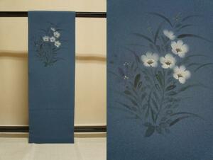 Art hand Auction Pure silk crepe medium indigo hand-painted floral pattern Nagoya obi [N10710], band, Nagoya Obi, Ready-made