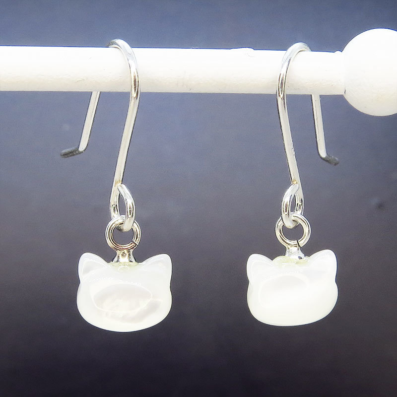 Silber 925 Katzenmotiv Weiße Perlmutt Weiße Muschelkatze Ohrringe Hakenohrringe, Handgefertigt, Accessoires (für Damen), Ohrringe, Ohrringe