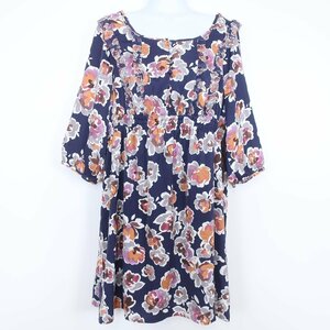 ef-de ef-de * spring thing art . floral print & frill .femi person! side ribbon tunic One-piece large size 13 navy blue series *w746