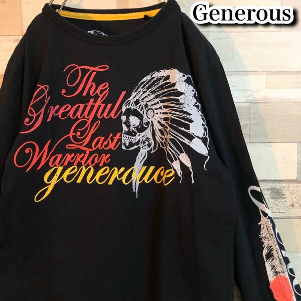 【Generous】長袖Tシャツ トップス 奇抜 ！ネイティブ スカル BIG ロゴ プリント 黒 ブラック