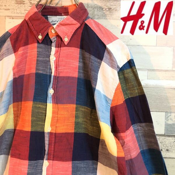 【H&M エイチアンドエム】BDシャツ 長袖 チェックシャツ ネルシャツ オレンジ 系 L