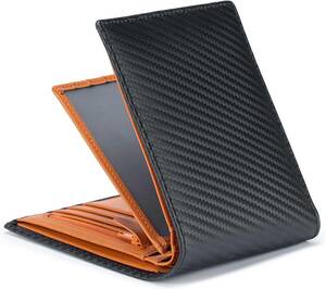 財布 二つ折り財布 牛革 大容量 薄型 コンパクト 軽量（オレンジ） 磁気防止