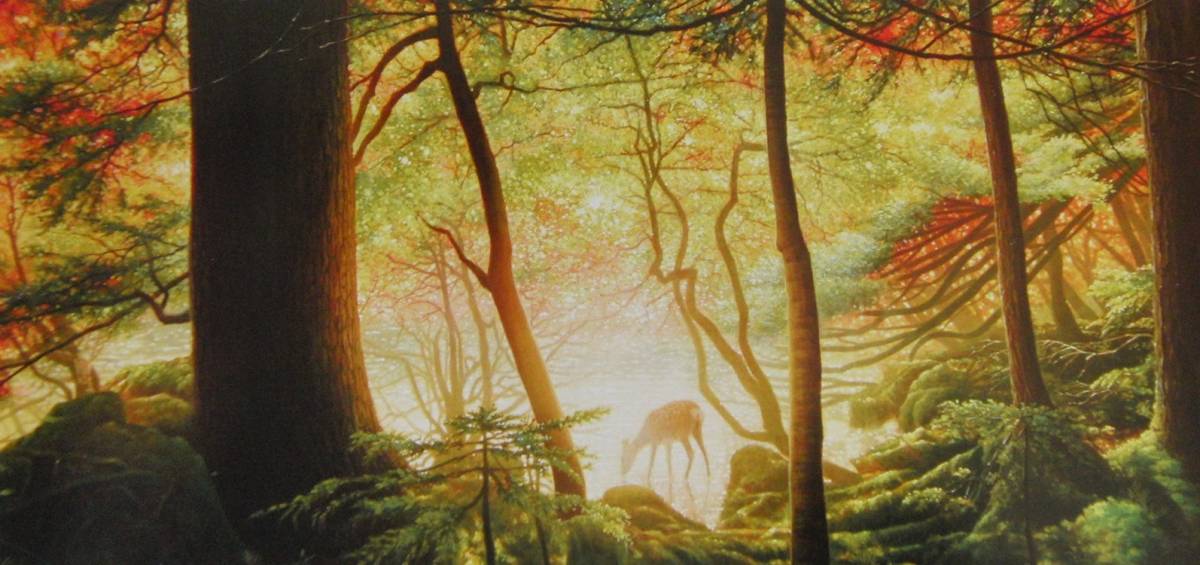 Tsukasa Yamaji, Deer Forest-6, A rare framed painting from a collection of paintings for framing, Comes with custom mat and brand new Japanese frame, free shipping, Painting, Oil painting, Nature, Landscape painting