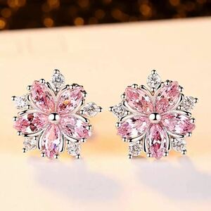  flower earrings pink zirconia Korea silver lady's largish accessory flower new goods 