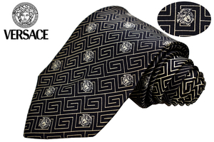N-2458* free shipping * super-beauty goods *GIANNI VERSACE Gianni Versace * regular goods Italy made meteu-sa Logo black black color silk necktie 