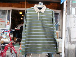 ほぼ未使用！日本製　LATERRA（ラテラ）　ボーダー柄の緑色な長袖ポロシャツ　サイズL