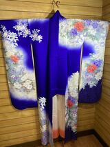 振袖　★正絹　身丈160cm 着物　日本舞踊　訪問着　成人式　結婚式　青色　花柄_画像2