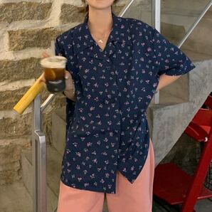 JS FASHION 小花柄ブラウス ネイビー