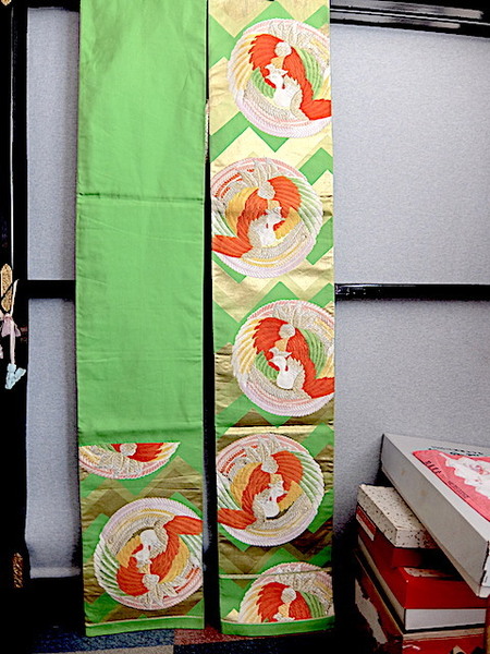 15184) 昭和レトロ鳳凰丸文若草色六通袋帯　30cmｘ435cm　