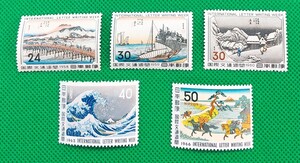 コレクター必見!美品!文通週間5種/1958年京師/59年桑名/60年蒲原/63年沖浪/66年関屋カタログ価5,350円