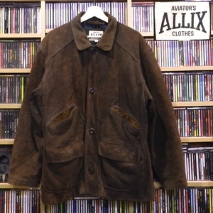 AVIATOR's ALLIX CLOTHES オールド ビンテージ スエード レザー 牛革 裏地付き チェック柄 ハーフコート ハンティング ジャケット 茶色 L