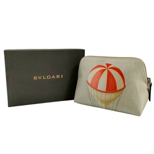 美品 BVLGARI ブルガリ 気球柄 プリント 化粧ポーチ コスメポーチ 小物入れ 箱付き 白系 ホワイト J1203