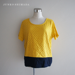  beautiful goods Junko Shimada part 2 short sleeves cotton total race tops lady's 3L tunic yellow navy yellow navy blue JUNKO SHIMADA PART